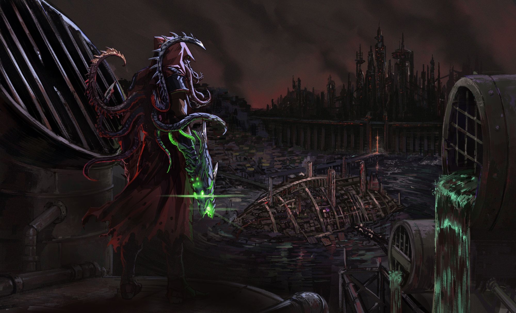 BioRogue key art: a tentacled rogue in a red cloak overlooks a ruined, flooded city